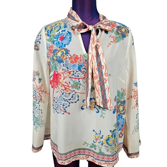 Flying Tomato Cream & Colorful Floral Print‎ Chiffon Tie Neck Blouse Medium - Picture 1 of 8